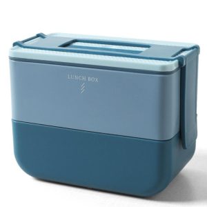 Lunch box bleu posée sur table